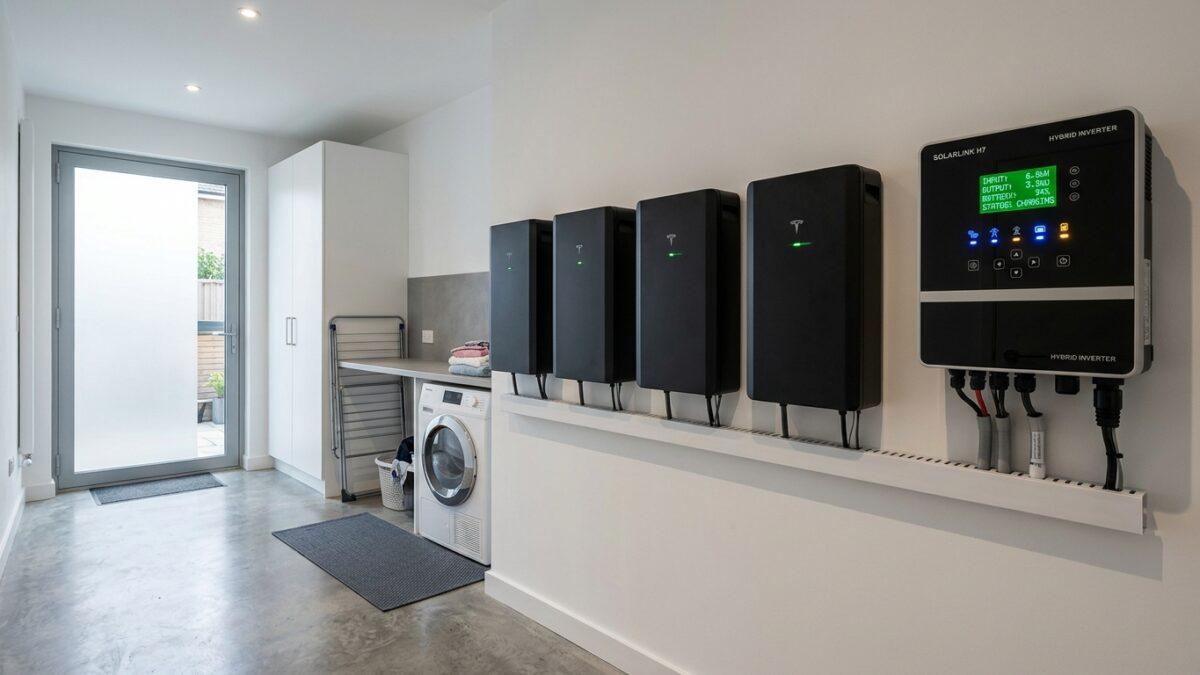 Modern wall mounted residential lithium battery storage packs with hybrid solar inverter