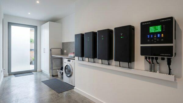 Modern wall mounted residential lithium battery storage packs with hybrid solar inverter