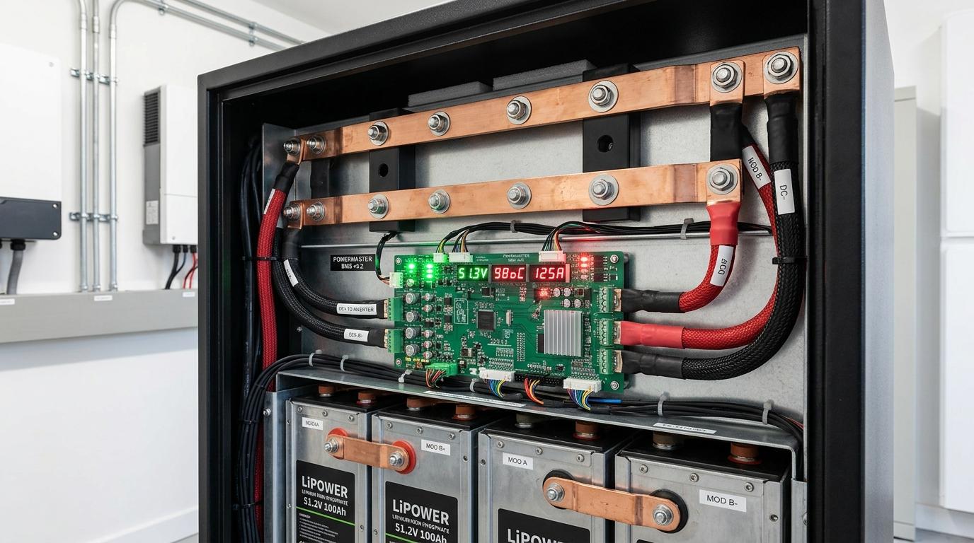 Internal battery management system and heavy duty copper busbars in home energy storage unit