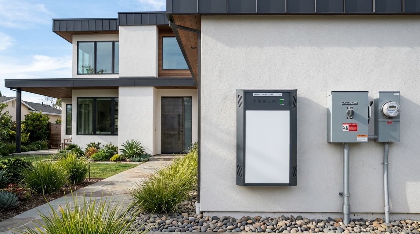 Outdoor residential solar battery backup system installed on exterior wall