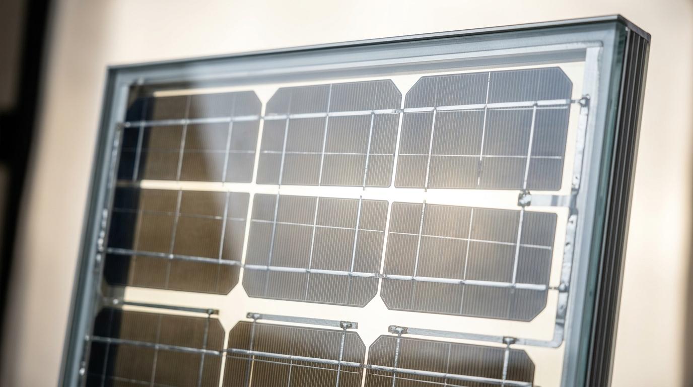 Close up of rear transparent glass and bifacial photovoltaic silicon cells