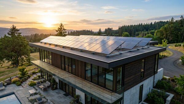 Elevated residential rooftop bifacial solar panel array catching direct and reflected sunlight
