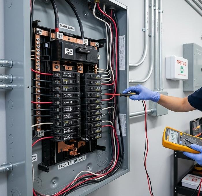 Close up of 200 amp main breaker and dedicated solar backfeed circuit breakers on electrical busbar