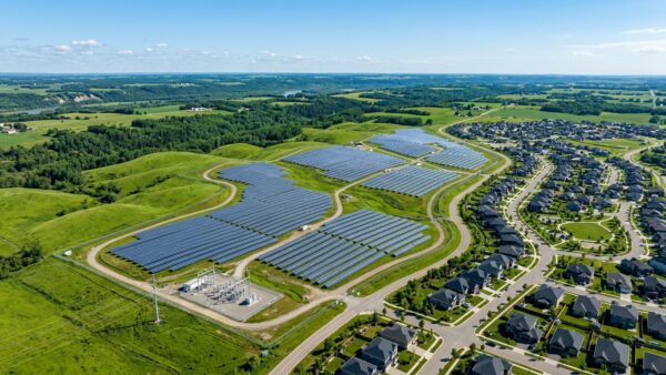 Aerial view of community solar farm array delivering clean power to suburban residences