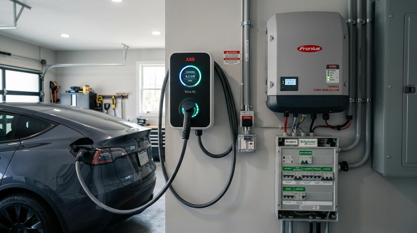 Smart EV charger wallbox connected to home solar hybrid inverter