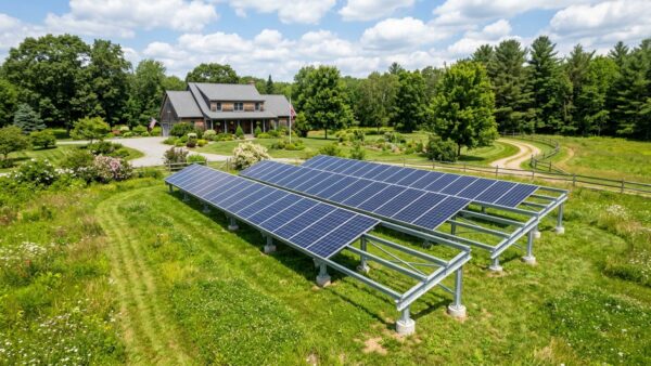 Large residential ground mounted solar panel array on galvanized steel racking in green meadow