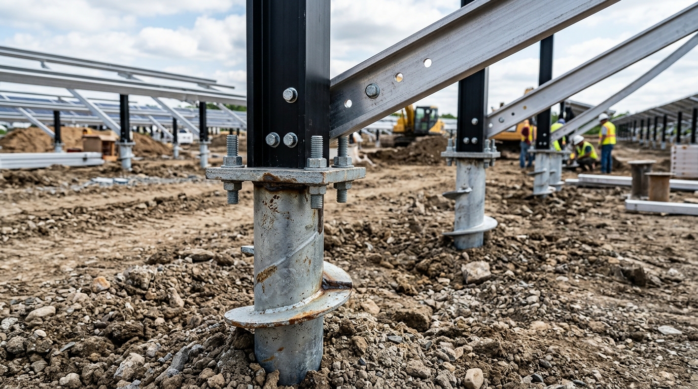 Galvanized steel helical ground screws and structural foundation anchors for solar racking