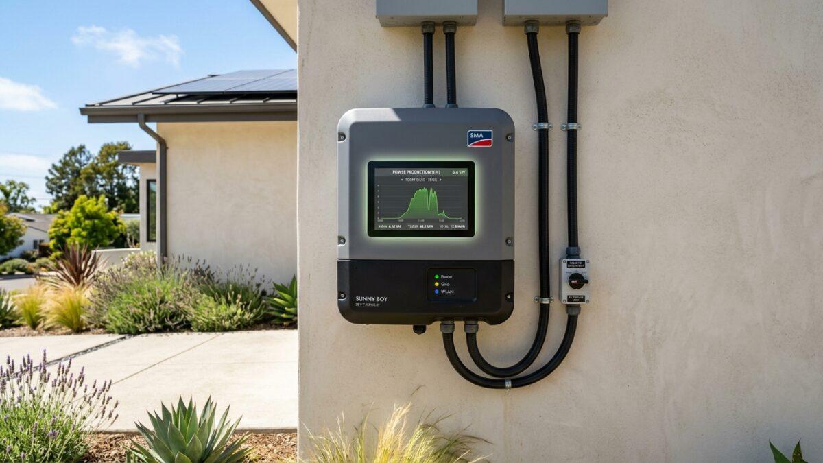 Modern residential solar inverter displaying real time power production graph under sunlight
