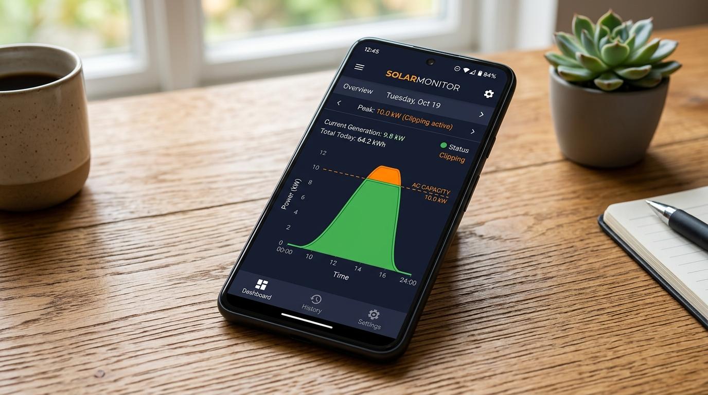 Solar monitoring app screen illustrating bell curve solar generation and peak inverter clipping plateau