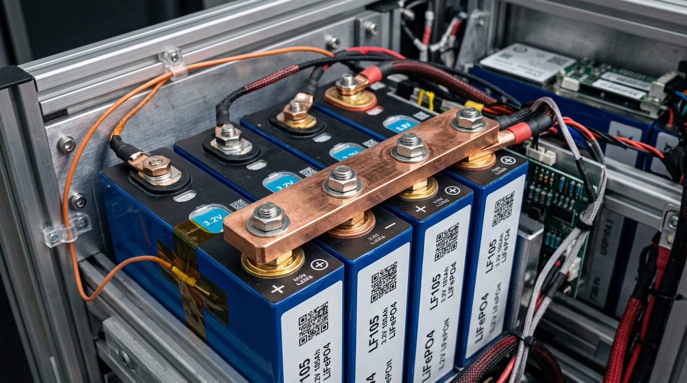 Detailed macro view of lithium iron phosphate prismatic cells with heavy copper busbars