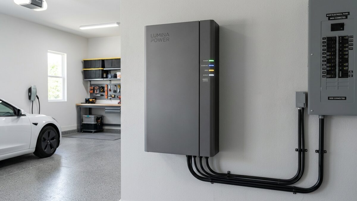 Contemporary residential lithium iron phosphate battery storage system mounted in modern garage