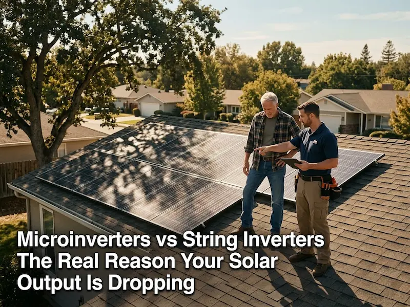 comparing microinverters vs string inverters while inspecting shaded rooftop solar panels