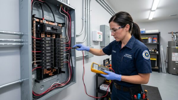 Licensed electrician inspecting residential 200 amp electrical service panel with solar backfeed circuit breakers