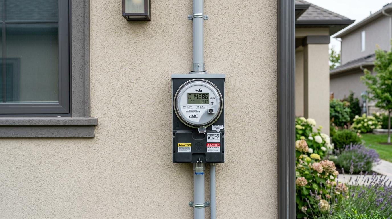 Exterior digital smart meter recording solar energy export to the electrical grid