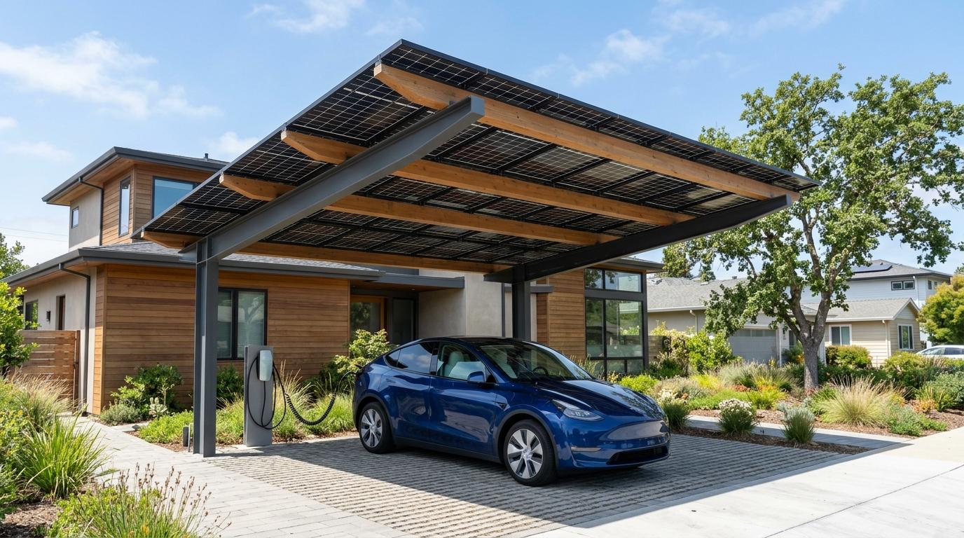 Residential solar carport canopy providing clean power for electric vehicle