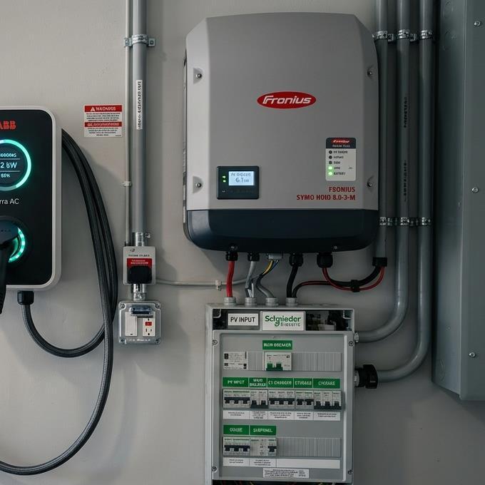 Solar hybrid inverter and AC combiner panel showing photovoltaic input circuit protection