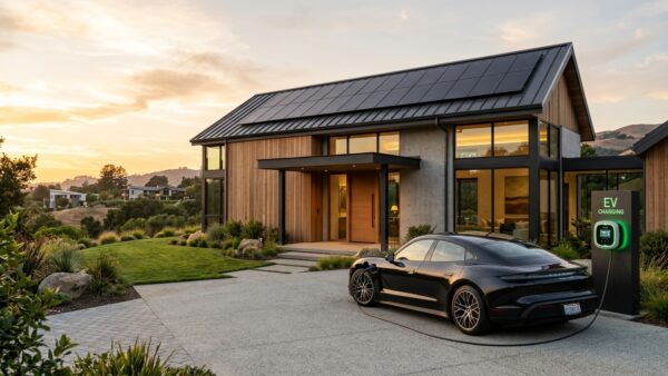 Modern residential home with rooftop solar panels charging an electric vehicle in the driveway
