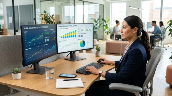 Modern financial analyst workstation monitoring solar investment returns and utility bill savings