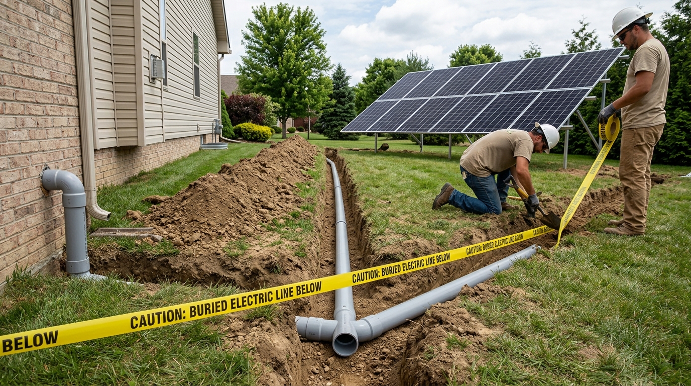 Underground electrical trenching and heavy conduit installation connecting solar array to residence