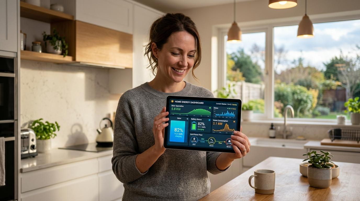 Homeowner monitoring real-time solar generation and battery storage status on a tablet