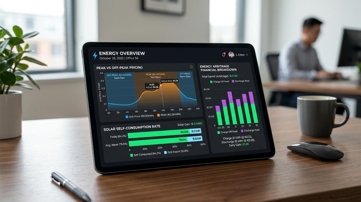 Tablet dashboard illustrating time of use electricity rates and solar energy arbitrage savings