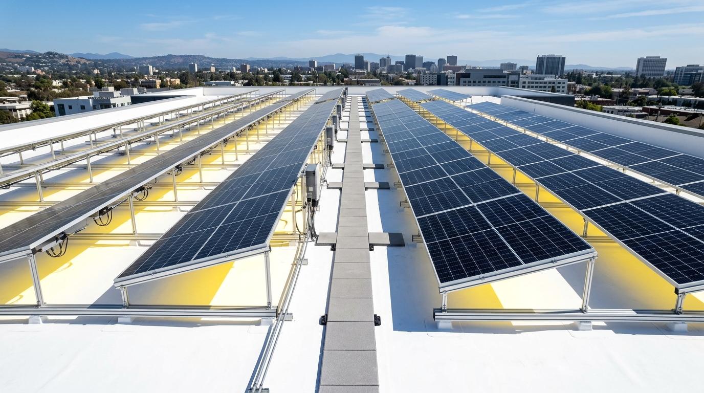 Commercial flat roof with high albedo white membrane reflecting sunlight beneath elevated solar panels
