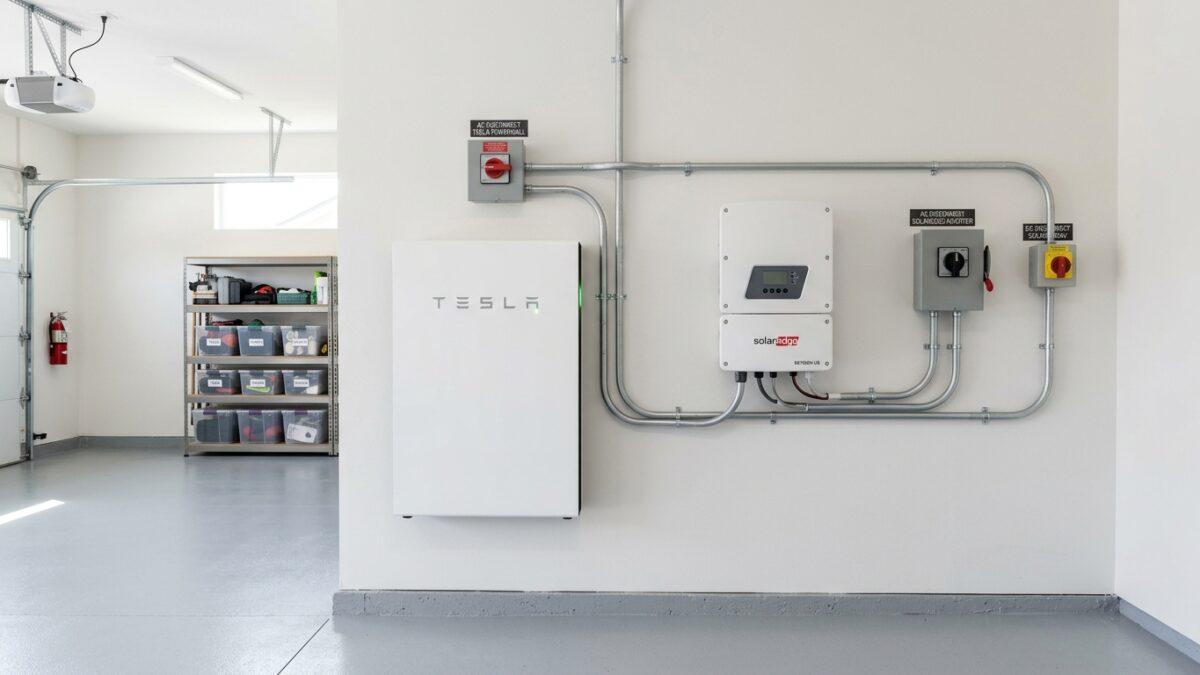 Organized garage utility wall showing modern wall mounted solar battery and solar inverter installation