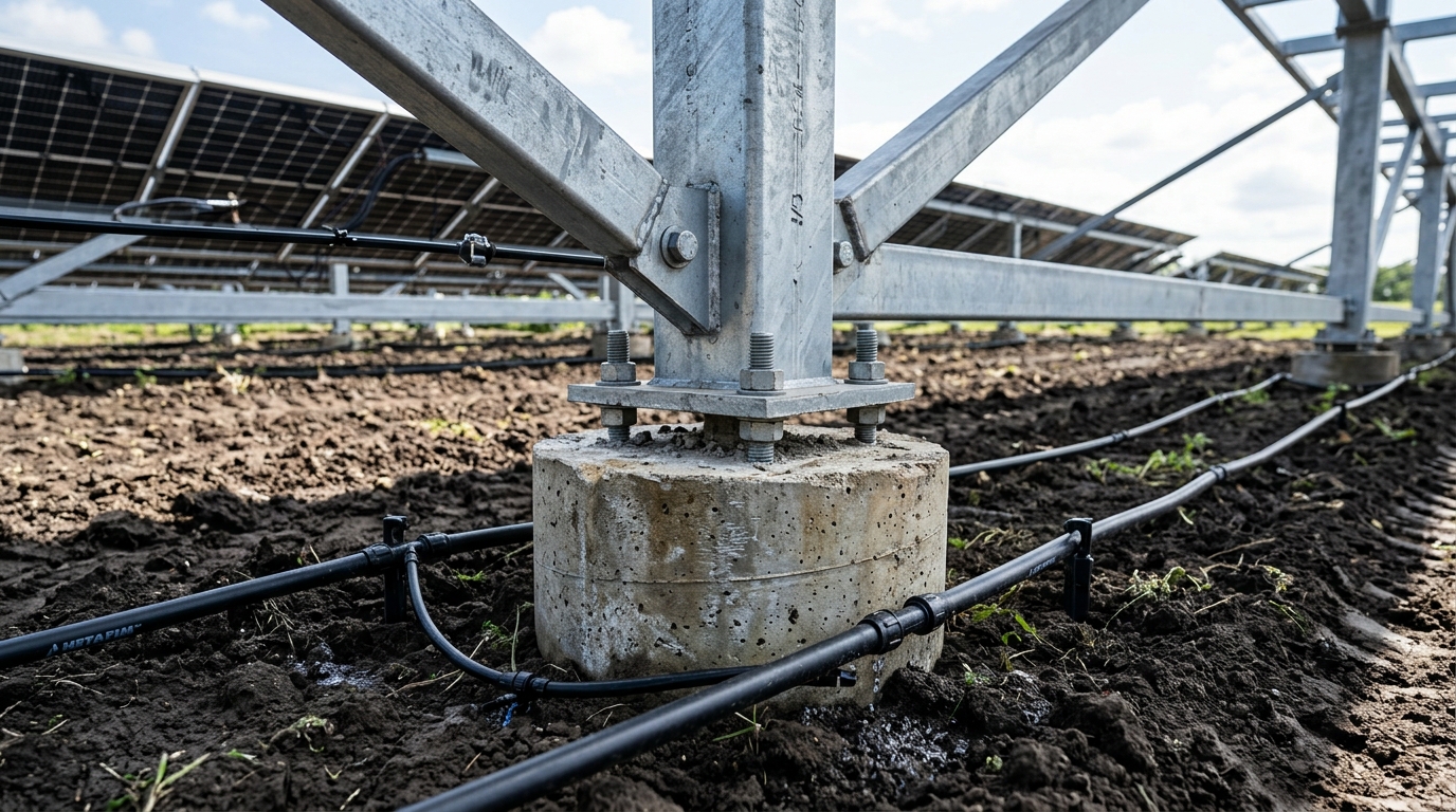 Close up engineering photo of elevated galvanized steel support column and foundation pier for agrivoltaics