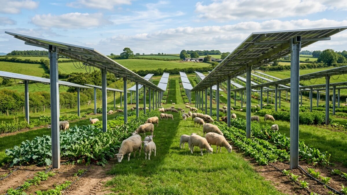 Scenic landscape view of elevated agrivoltaics farm with bifacial solar panels over green crops and grazing sheep