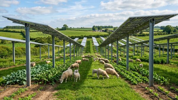 Scenic landscape view of elevated agrivoltaics farm with bifacial solar panels over green crops and grazing sheep