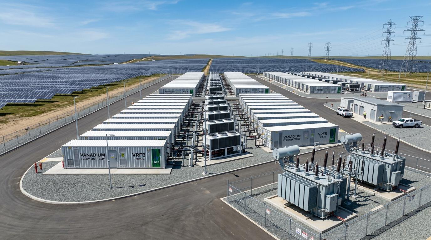 Large-scale utility energy storage enclosure housing liquid electrolyte flow battery tanks and power conversion systems