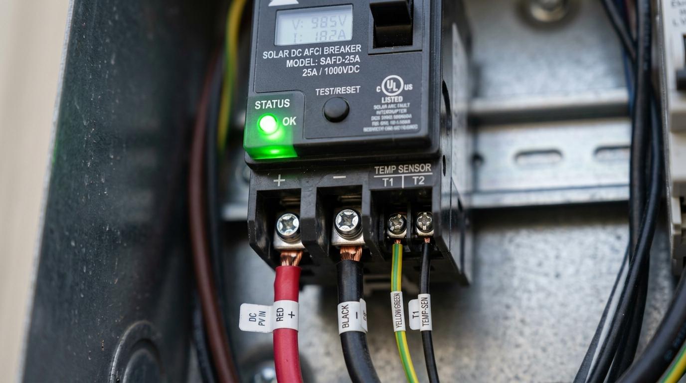 Close up macro shot of solar DC arc fault circuit interrupter breaker and temperature sensor terminals