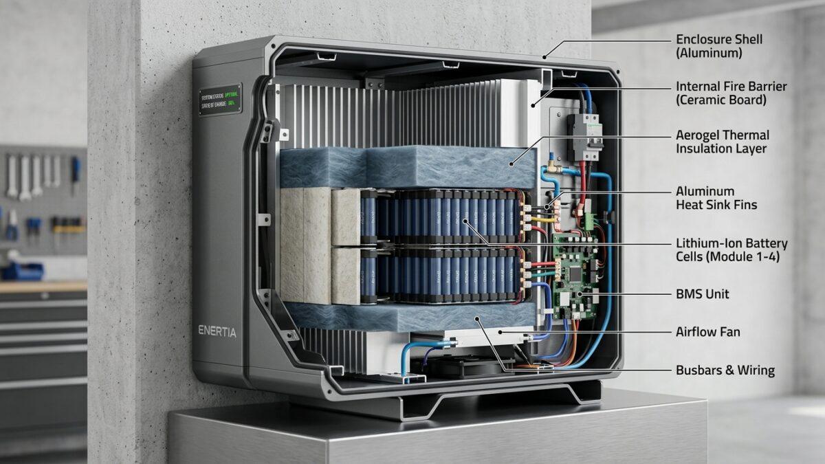 Cutaway view of residential lithium battery enclosure showing fire resistant ceramic barriers and aerogel insulation