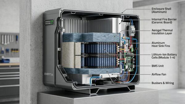 Cutaway view of residential lithium battery enclosure showing fire resistant ceramic barriers and aerogel insulation