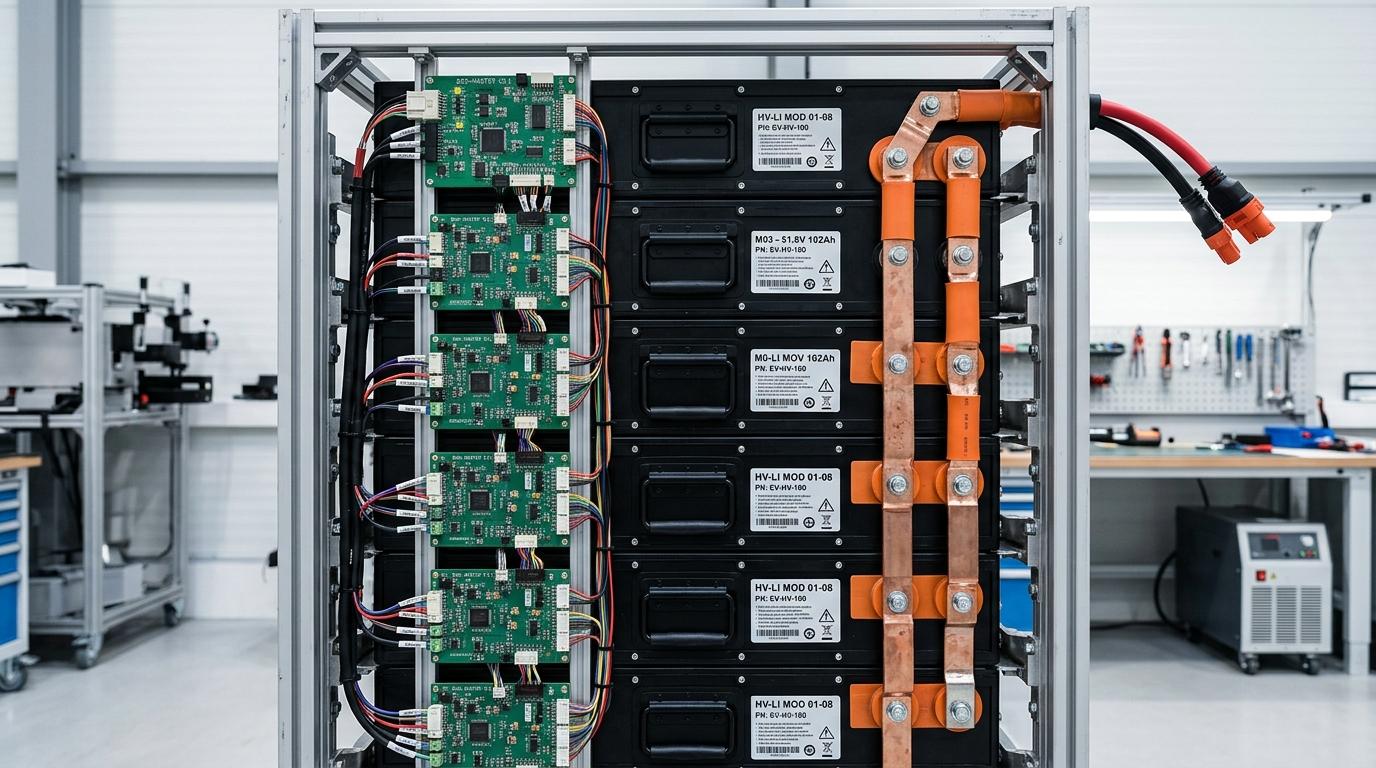 Modular internal architecture of high-voltage battery pack with heavy busbars and BMS controller boards