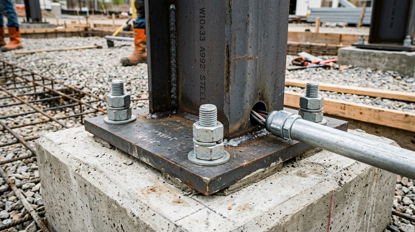 Heavy structural steel carport column base plate anchored with high-strength bolts into concrete foundation
