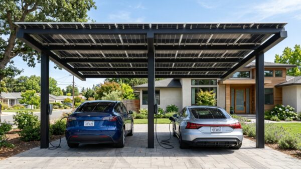 Architectural residential steel solar carport canopy sheltering electric vehicles with integrated charging