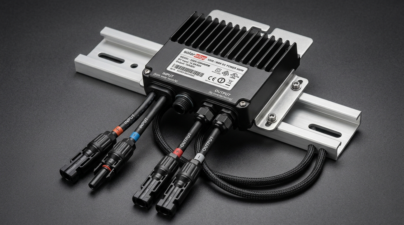 Precision hardware photo of solar DC power optimizer unit mounted on aluminum racking with MC4 cabling