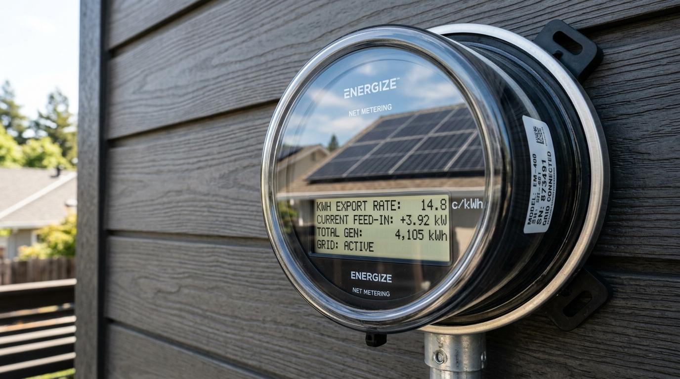 Round digital smart electric meter mounted on modern house exterior siding showing export rate