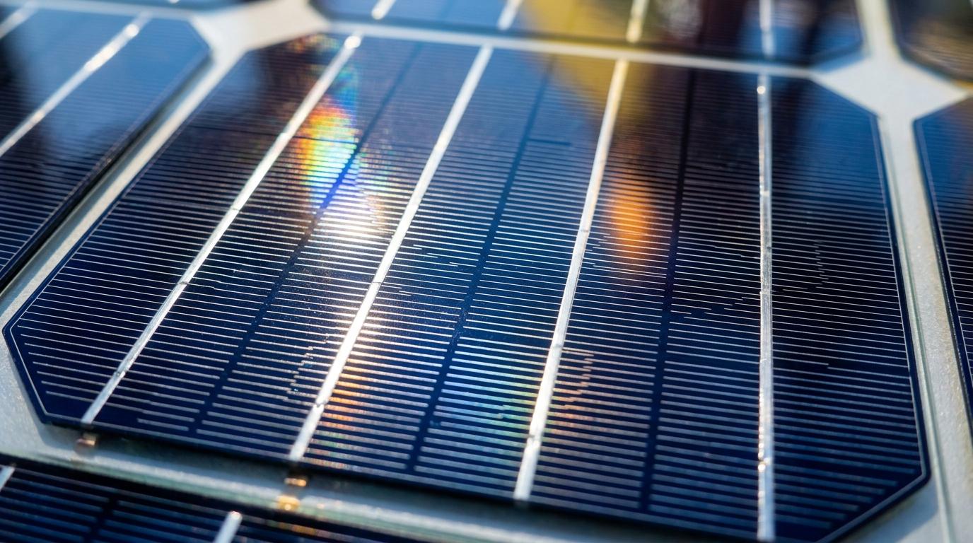 Close-up macro detail of a modern monocrystalline solar photovoltaic cell wafer engineered with silver busbars