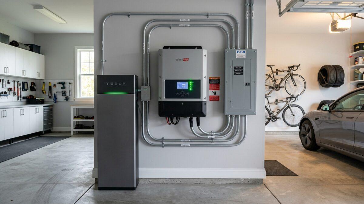 Contemporary residential high-voltage modular lithium battery storage system connected to hybrid inverter