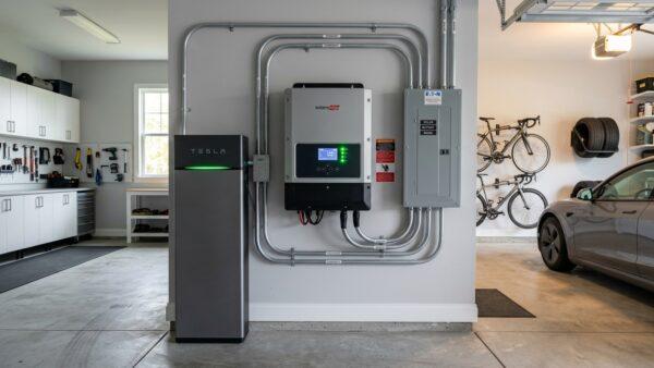 Contemporary residential high-voltage modular lithium battery storage system connected to hybrid inverter