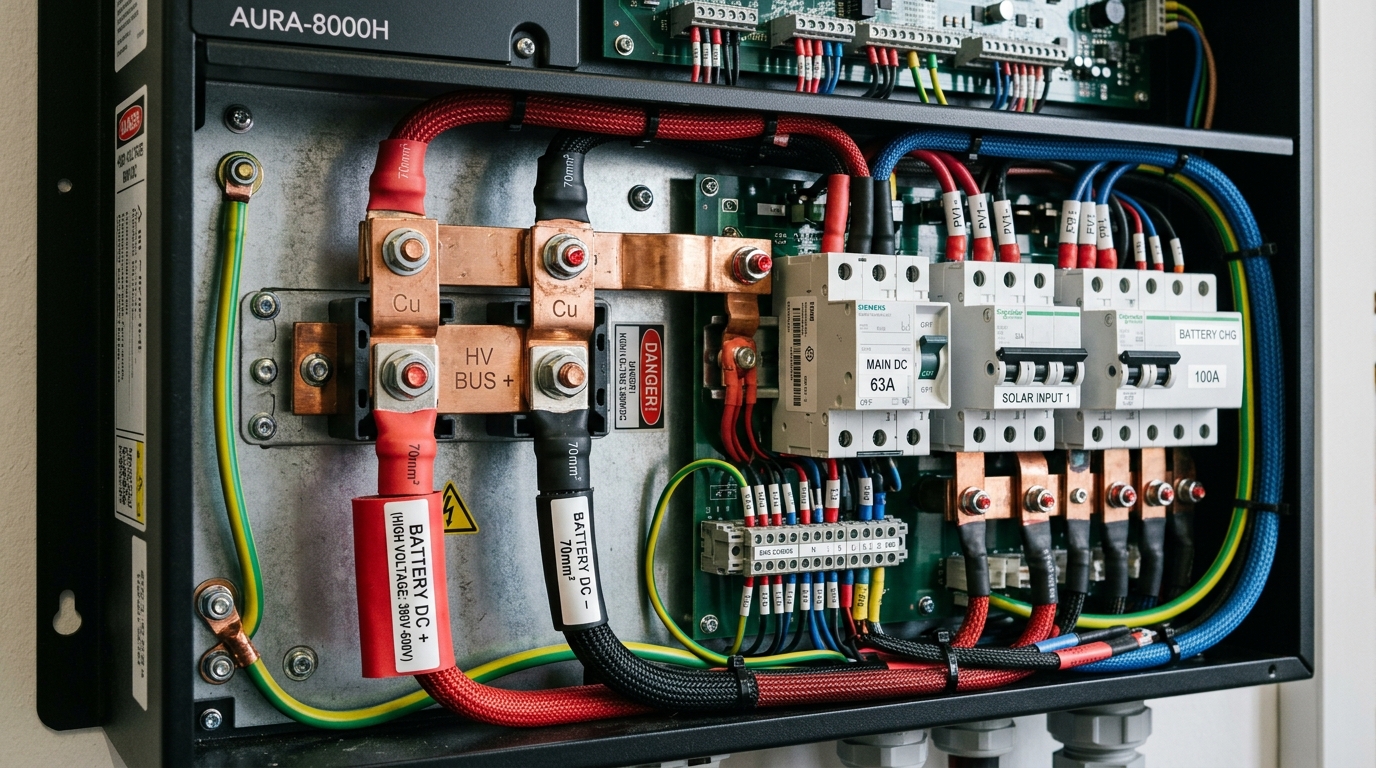 Open wiring compartment of hybrid solar inverter showing labeled high voltage DC battery terminals and breakers