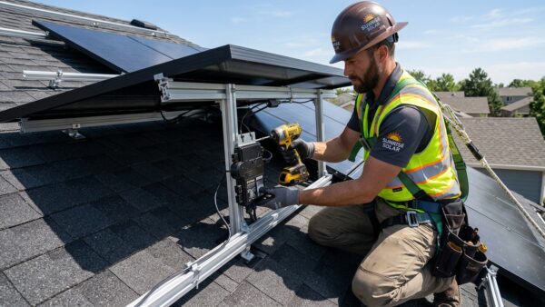 Solar technician mounting microinverter module directly onto residential rooftop racking rail beneath solar panels