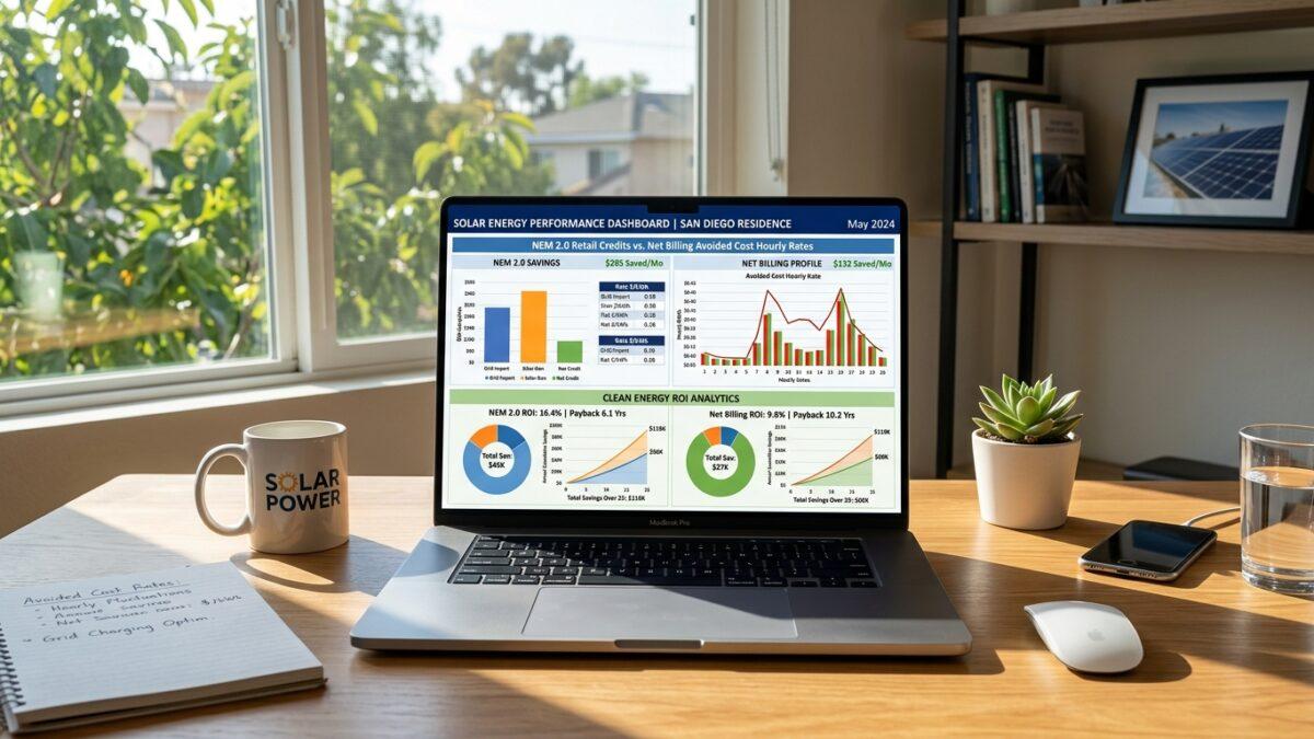 Modern office desk with laptop screen displaying solar net billing economics and NEM 2.0 comparison