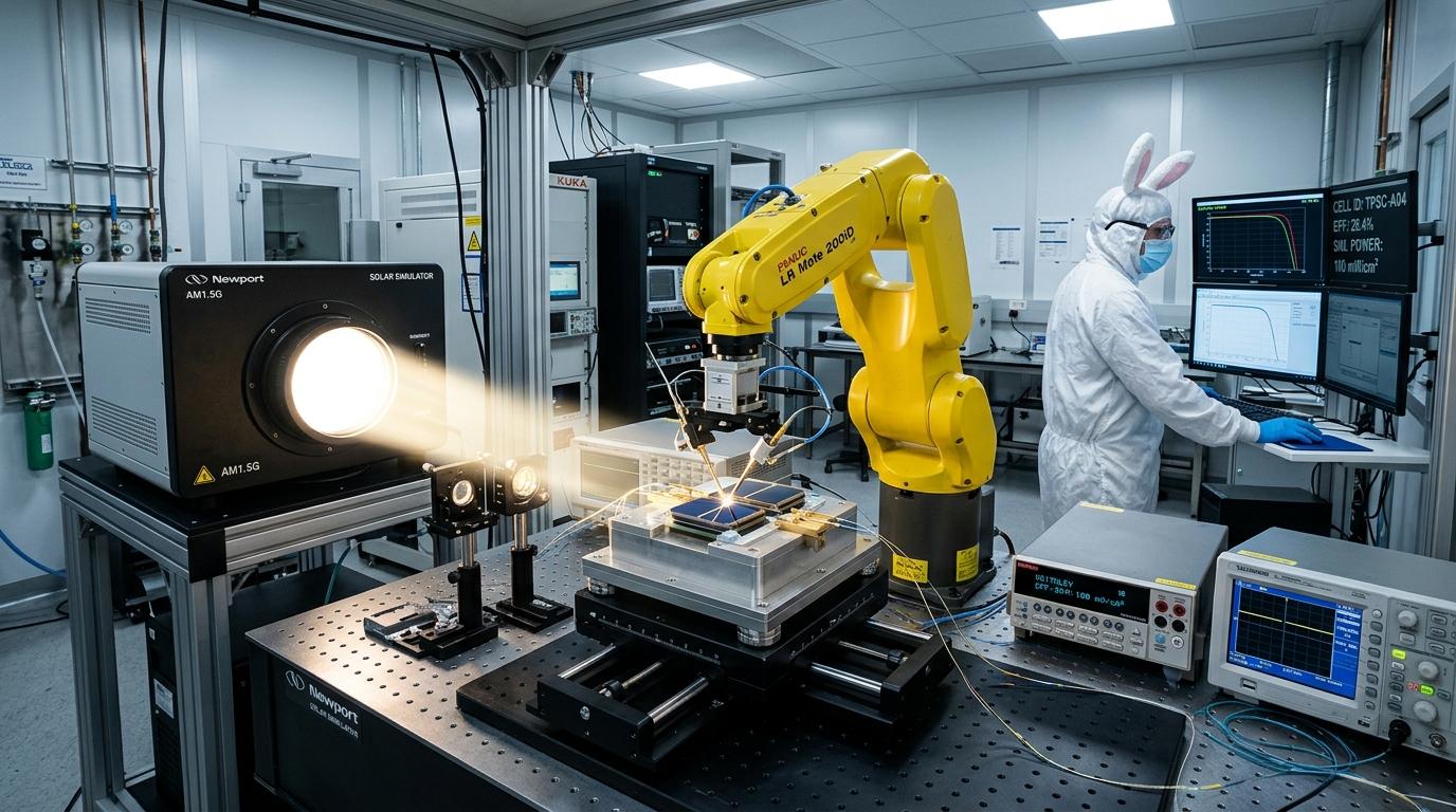 Solar laboratory simulator testing tandem perovskite photovoltaic test cells with robotic automation