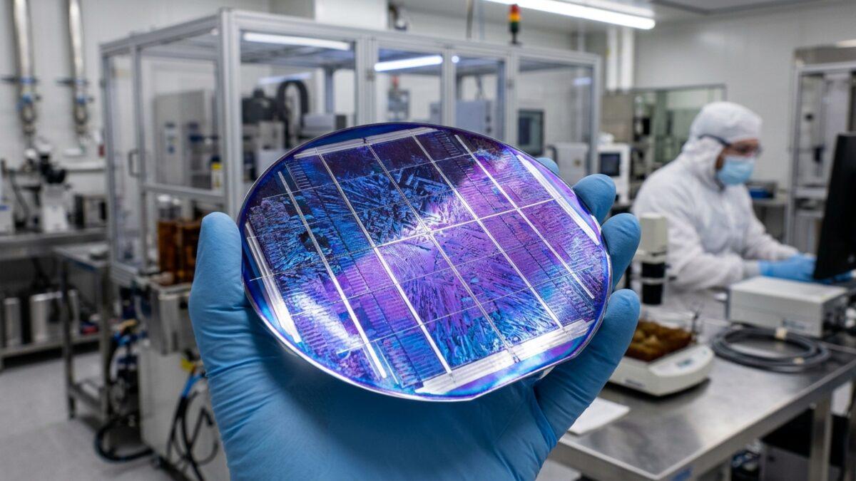 Advanced perovskite silicon tandem solar cell wafer reflecting shimmering violet and blue coatings