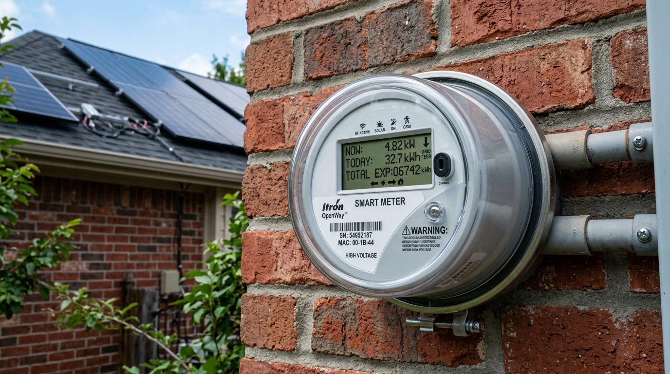 Outdoor digital smart electric meter measuring bidirectional solar kilowatt-hour export generation