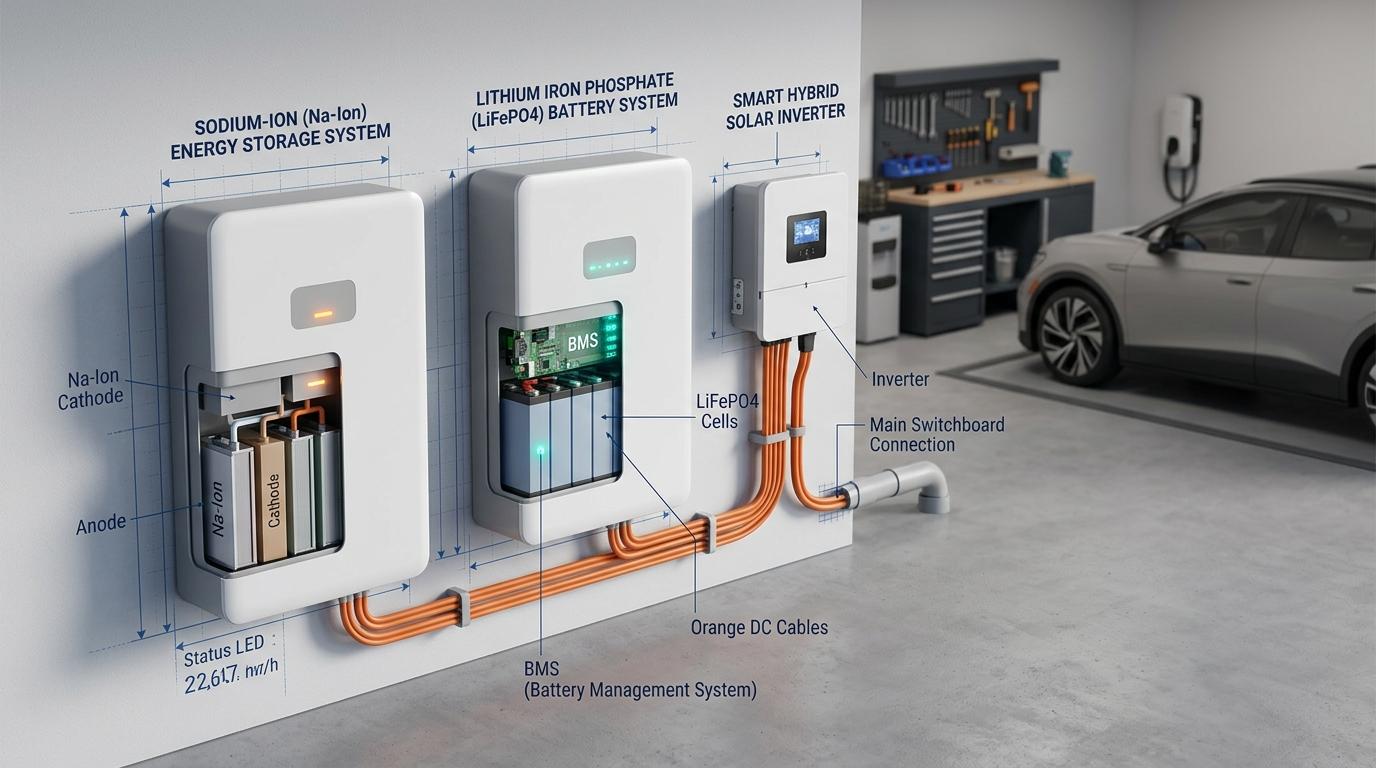 Technical cutaway comparison between Sodium-Ion and Lithium Iron Phosphate LiFePO4 home batteries