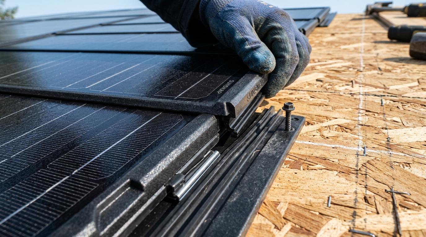 Close-up installation view of an interlocking solar roof tile shingle fastening to wooden roof decking with integrated snap connectors